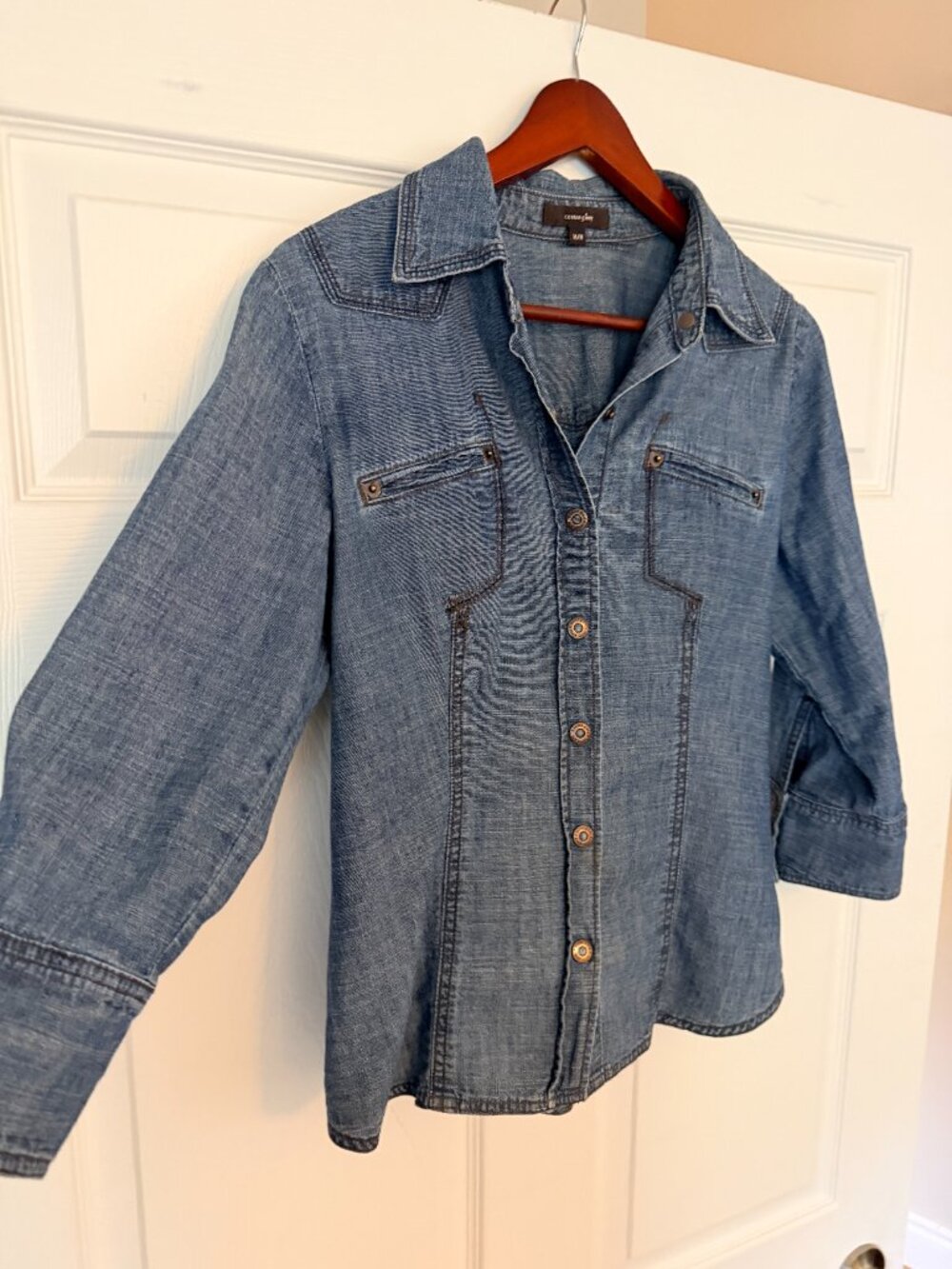 Flattering Vintage Cotton Ginny Western Denim Snap Up Chambray Shirt Sz Medium